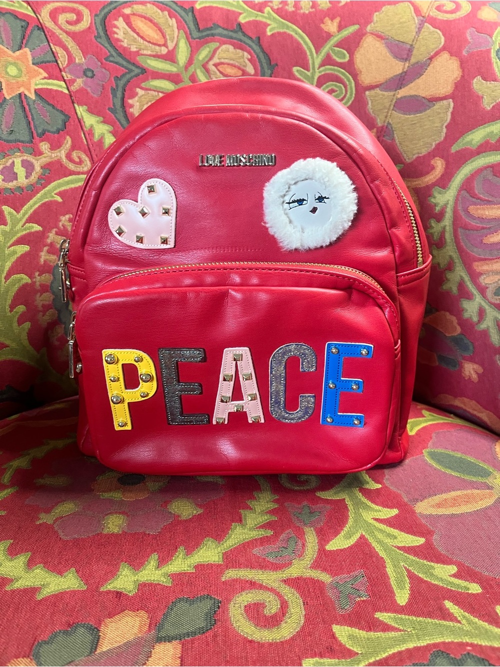 Love Moschino Red Mini Backpack with Colorful 'PEACE' Appliqué